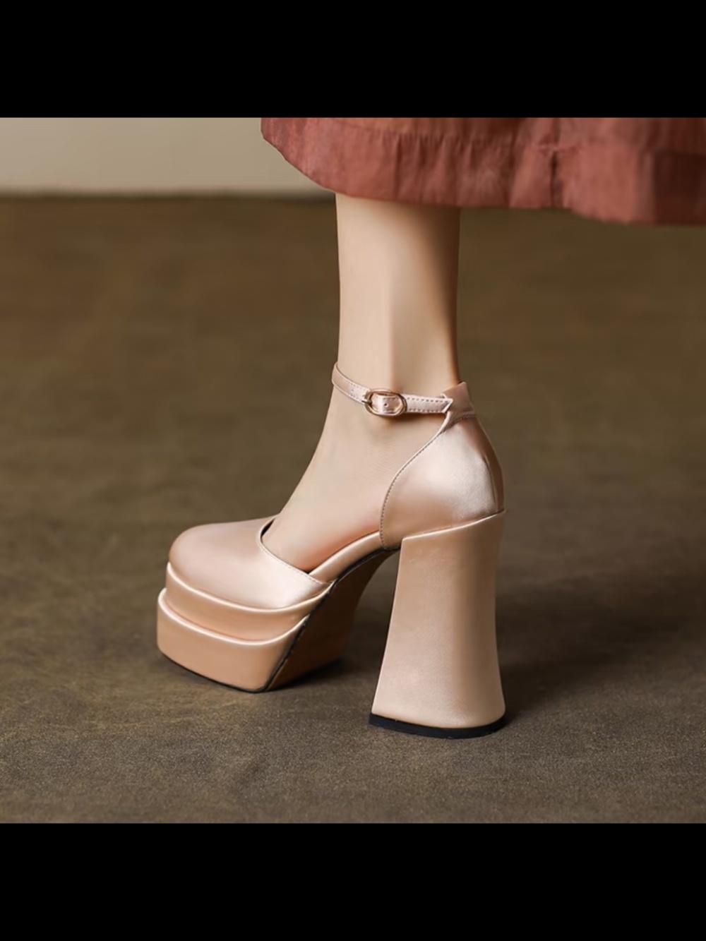 Rose Gold Satin Platform Block Heels